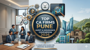 A realistic 3D illustration featuring corporate professionals in a boardroom meeting alongside the Pune skyline and Shaniwar Wada, with a central badge reading 'Top CA Firms Pune - Audit & Assurance Comparison 2026' designed for growing businesses