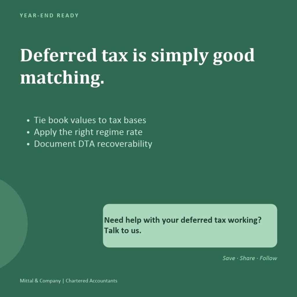 Deferred tax calculation for companies – tie book values to tax bases, apply the right regime rate and document DTA recoverability | Mittal & Company, Chartered Accountants