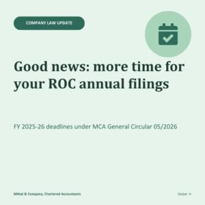 ROC filing due dates FY 2025-26 extended – MCA General Circular 05/2026, more time for AOC-4 and MGT-7 annual filings | Mittal & Co., Chartered Accountants Pune